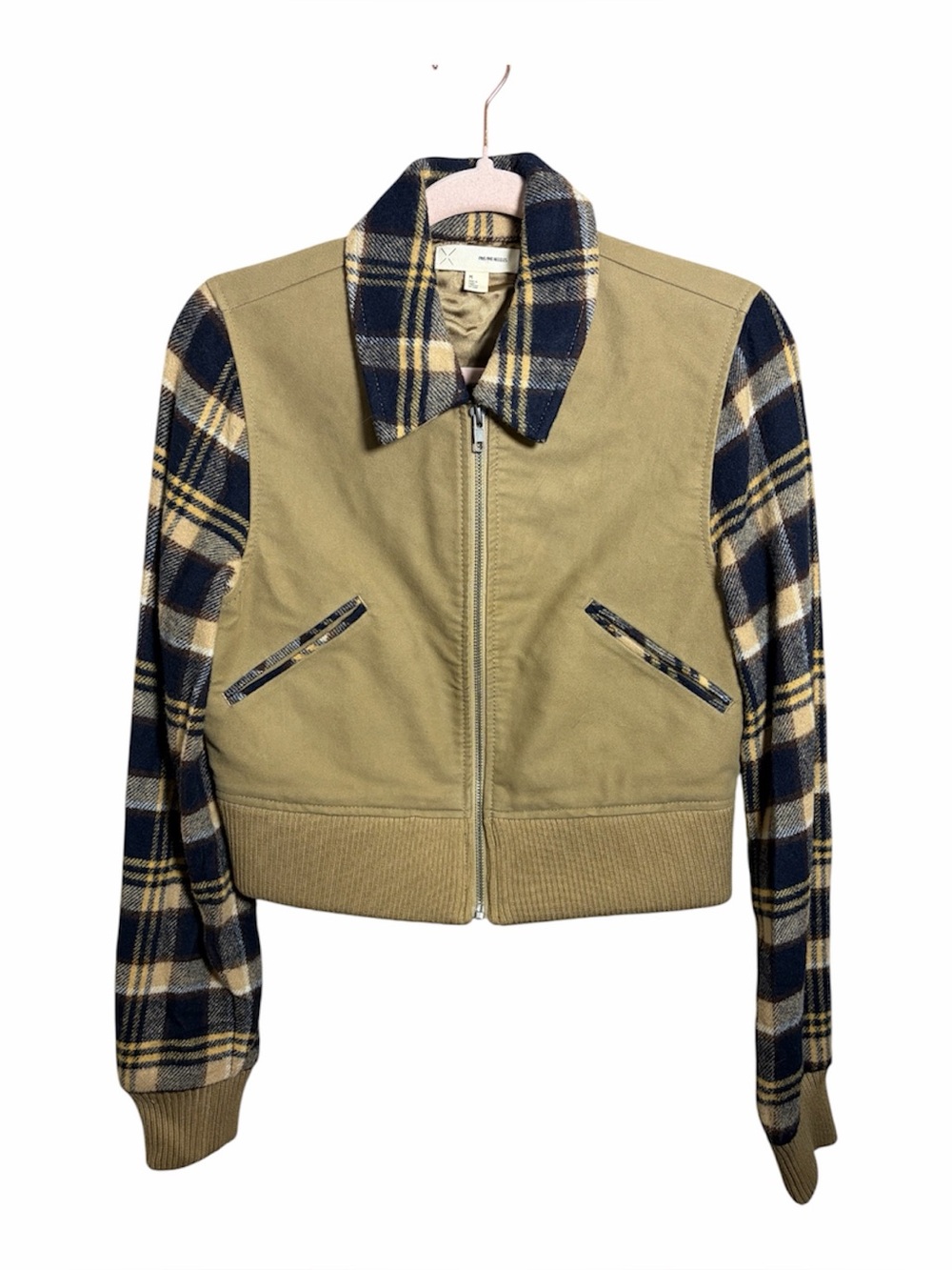 Pins and Needles Jacket zip bomber crop style w/ flannel sleeves and collar